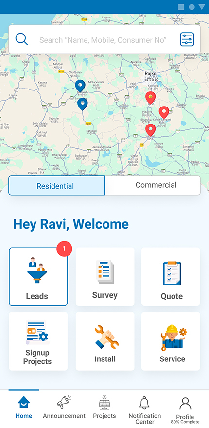 Dashboard view of solar CRM
